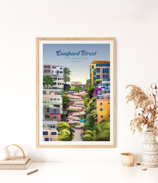 Lombard Street San Francisco travel poster in a natural wood frame