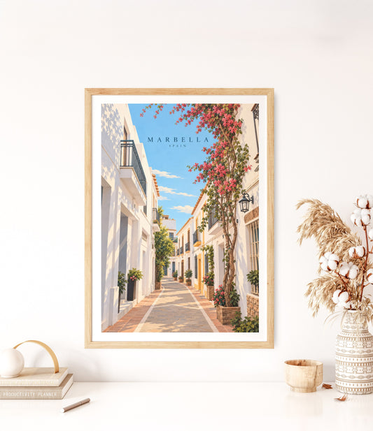 Marbella travel poster in a natural wood frame