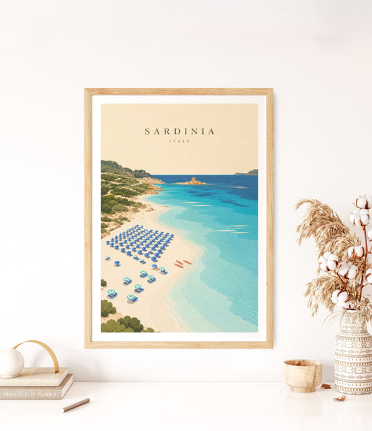 Sardinia travel poster in a natural wood frame