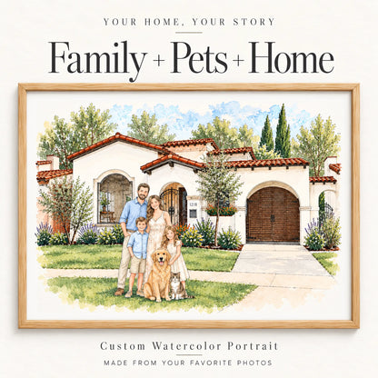 Custom watercolor portrait of a family with golden retriever and cat in front of their Spanish-style home, in a natural wood frame