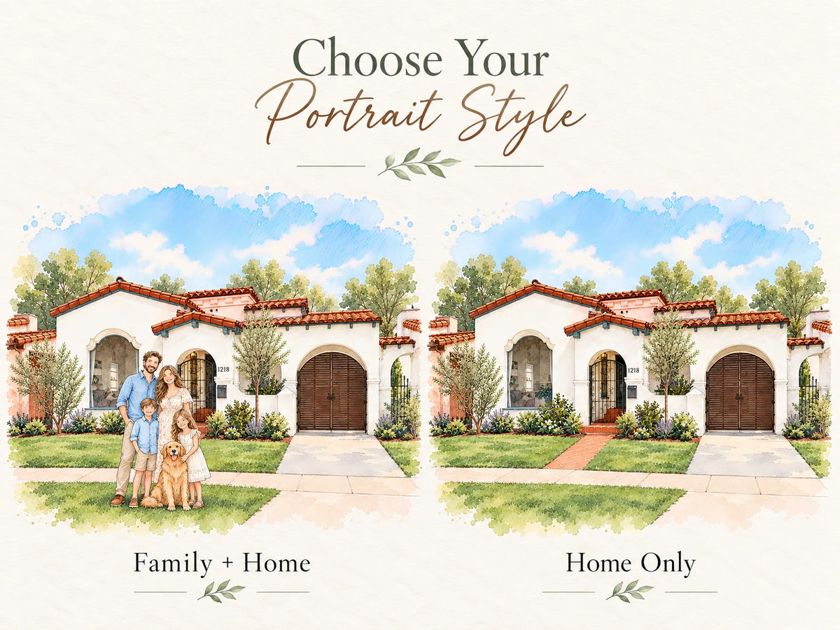 Two portrait styles side by side: family and dog in front of the house, and the house only