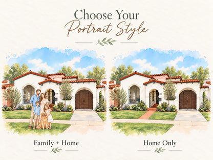 Two portrait styles side by side: family and dog in front of the house, and the house only