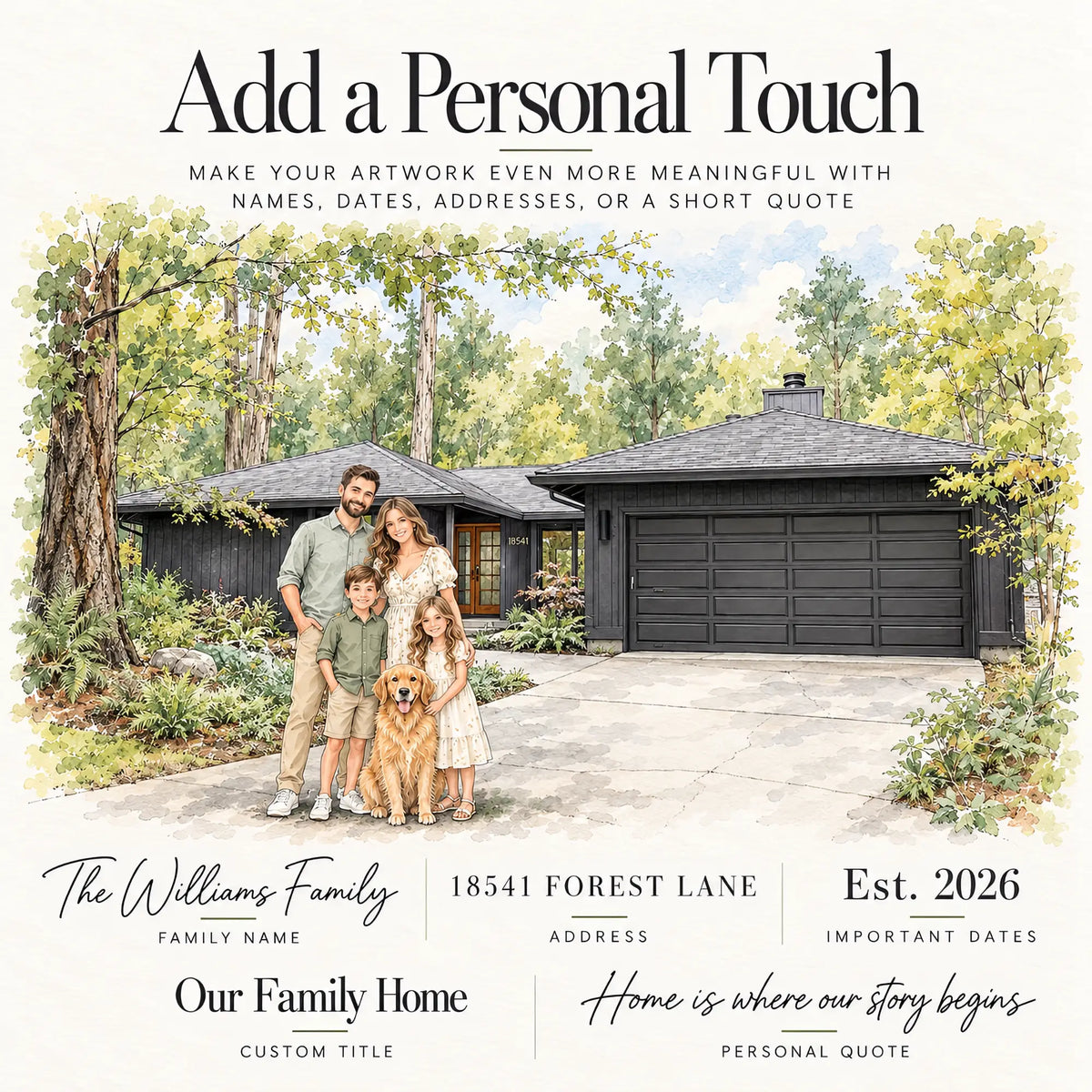 Personalized house portrait options: family name, address, established date, custom title and quote