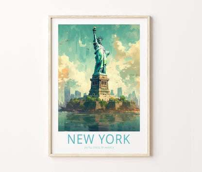 New York Travel Poster – Statue Liberty Artwork Wall Art Print