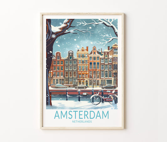 Amsterdam Travel Poster – Winter Wall Art Print