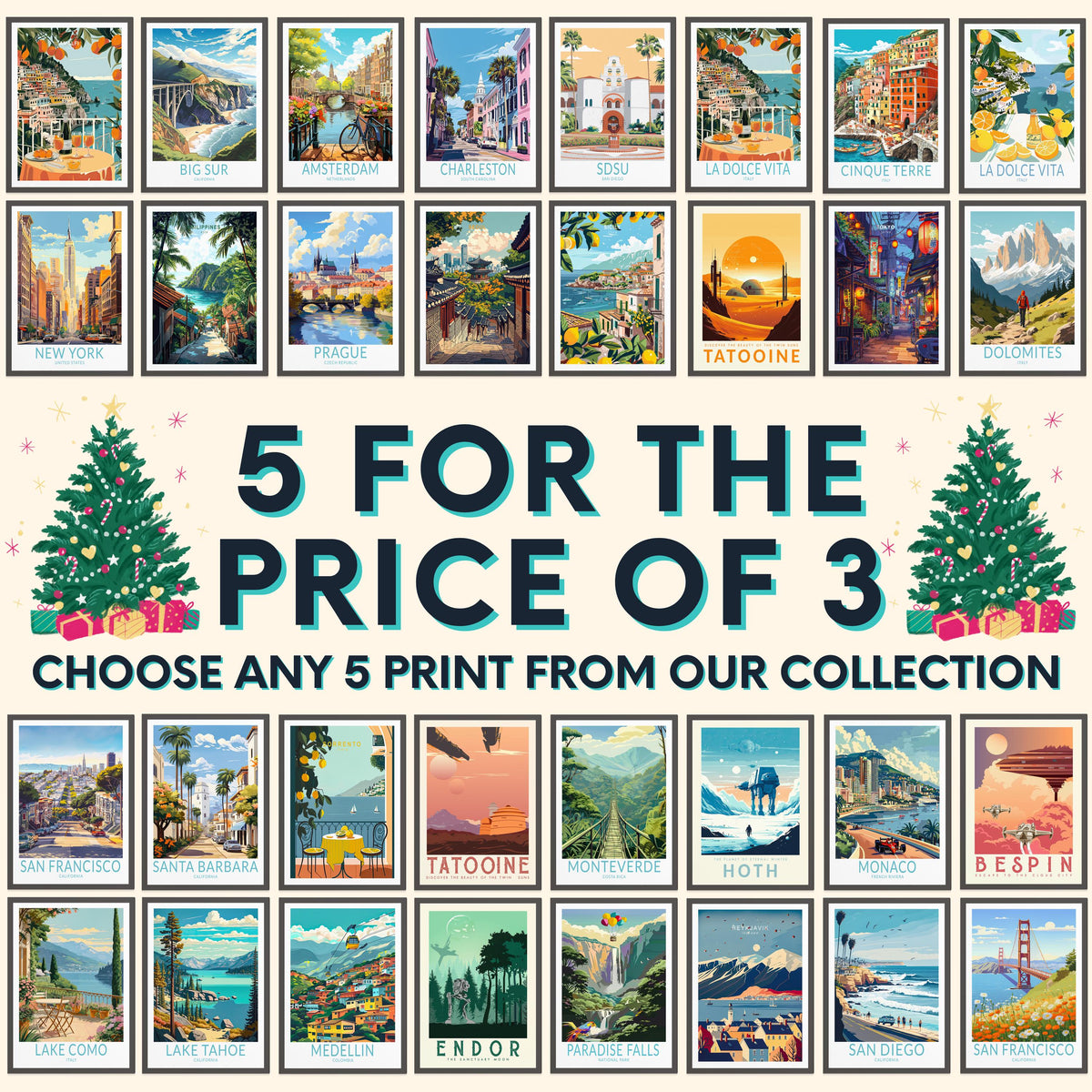 SET of 5 BUNDLE Travel Poster Wall Art Print
