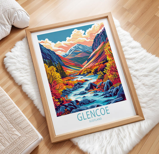 Glencoe Travel Poster – Waterfalls Wall Art Print