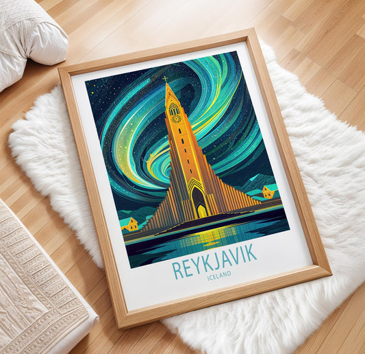 Reykjavík Travel Poster – Northern Lights Wall Art Print