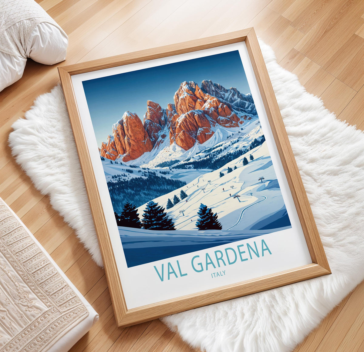 Val Gardena Winter Travel Poster – Skiing Wall Art Print