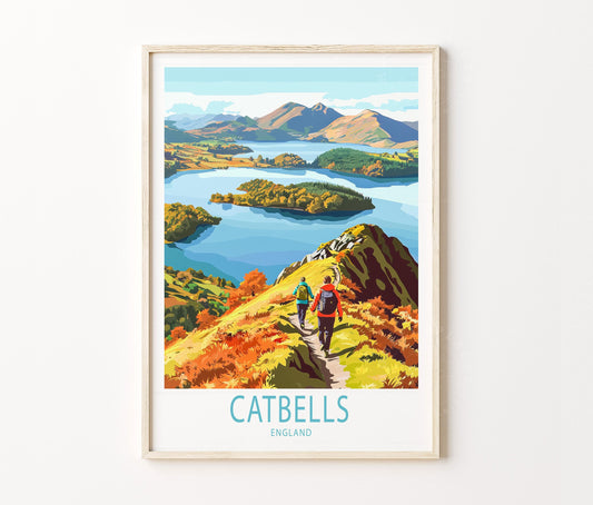 Catbells Travel Poster – Lake District Mountain Landscape Wall Art Print
