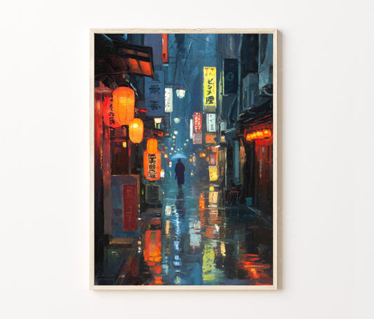 Tokyo Street at Night Travel Poster – Neon City Wall Art Print
