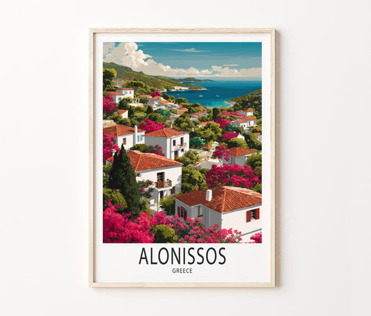 Alonissos Travel Poster – Mediterranean Village Wall Art Print