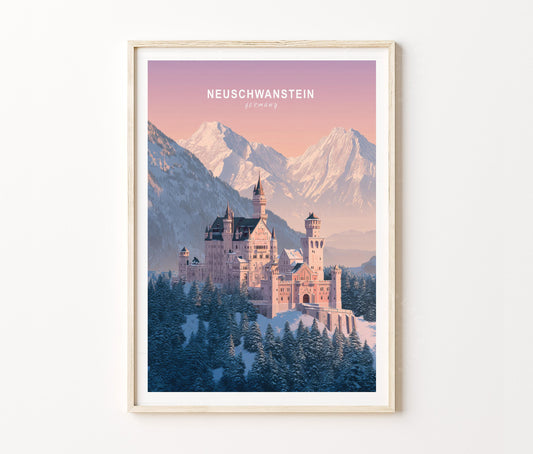 Neuschwanstein Travel Poster – Bavarian Castle Landscape Wall Art Print