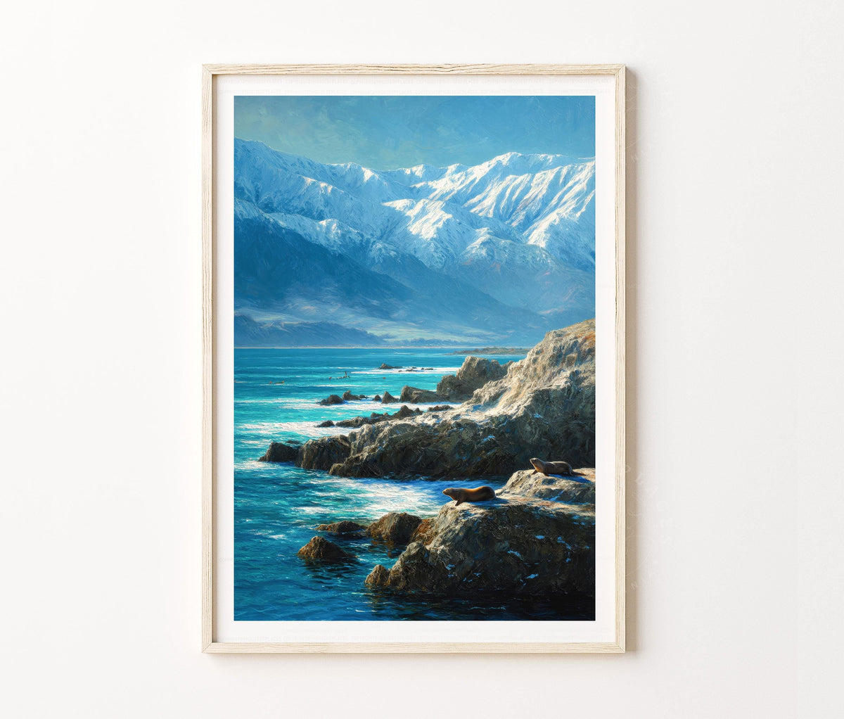 Kaikoura Travel Poster – Coastal Mountains Ocean Wildlife Wall Art Print