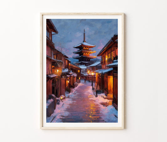 Kyoto Travel Poster – Snowy Pagoda Street Wall Art Print