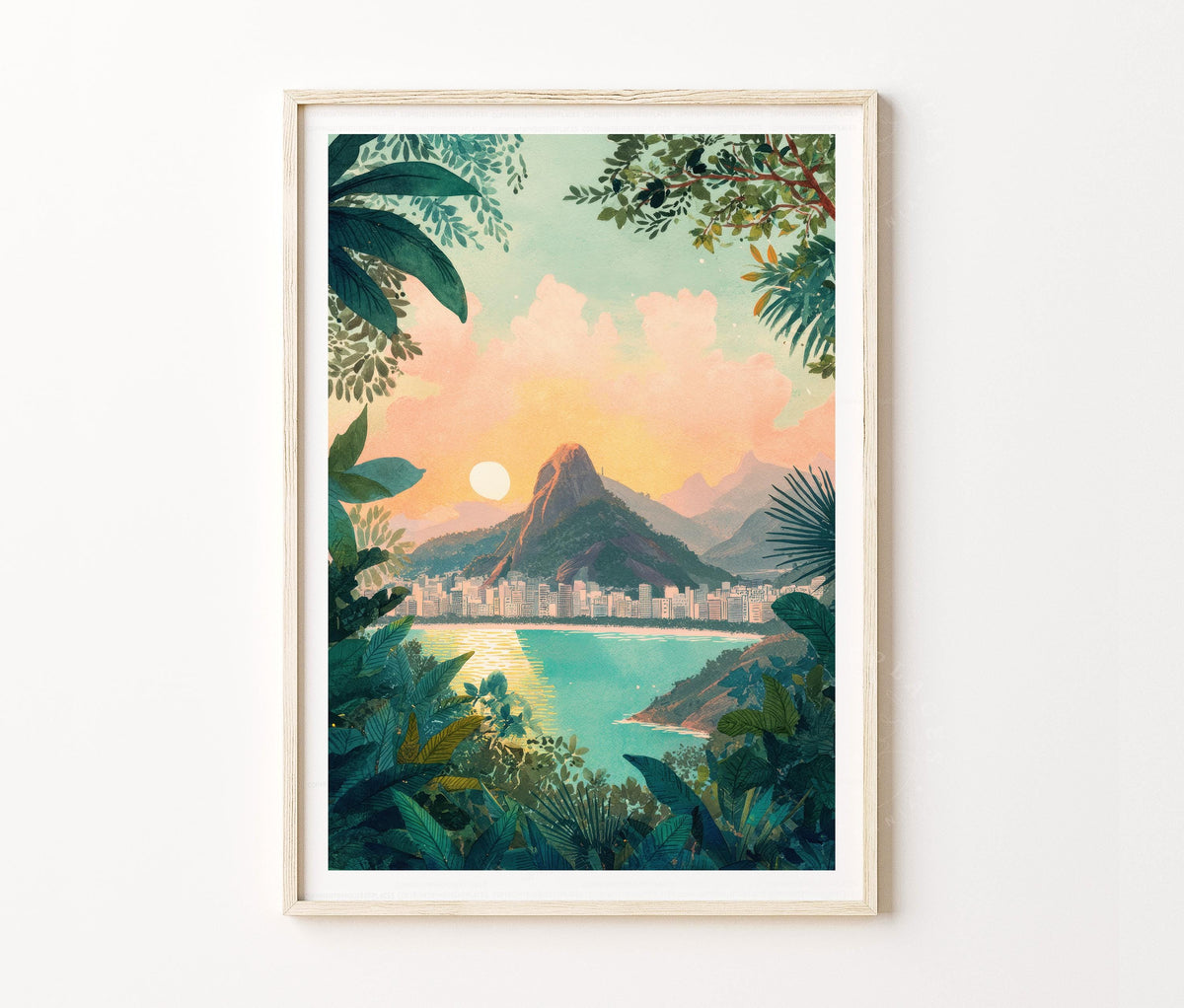 Rio de Janeiro Travel Poster – Tropical Bay Sunset Mountain Wall Art Print