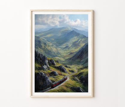 Snowdonia Travel Poster – Mountain Valley Scenic Train Wall Art Print