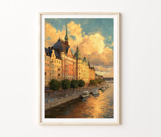 Stockholm Travel Poster – Waterfront City Sunset Scandinavian Wall Art Print