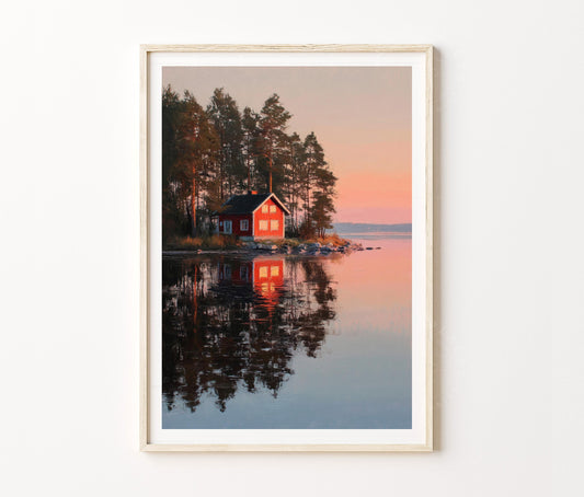 Umeå Travel Poster – Nordic Lakeside Cabin Sunset Wall Art Print