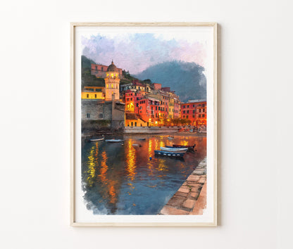 Vernazza Travel Poster – Cinque Terre Harbor Sunset Wall Art Print