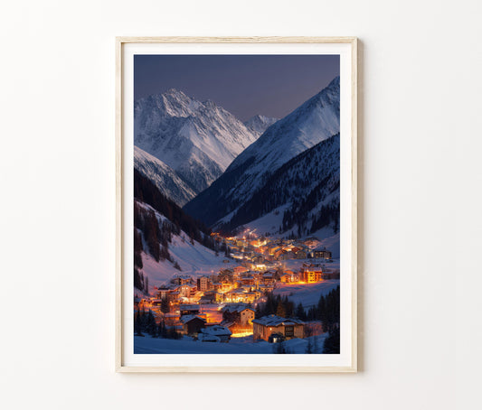 Ischgl Tyrol Travel Poster – Alpine Village Winter Night Wall Art Print