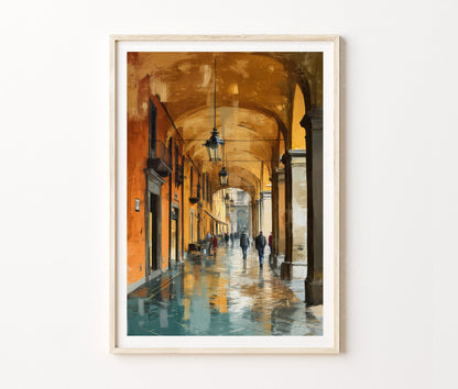 Modena Porticoes Travel Poster – Historic Arcade Street European Wall Art Print