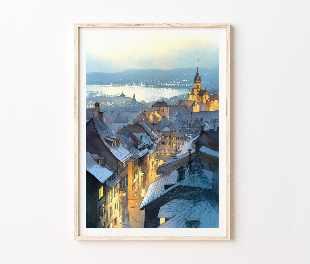 Neuchâtel Travel Poster – Old Town Night European Wall Art Print
