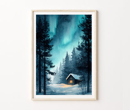 Finland Travel Poster – Nordic Winter Cabin Wall Art Print
