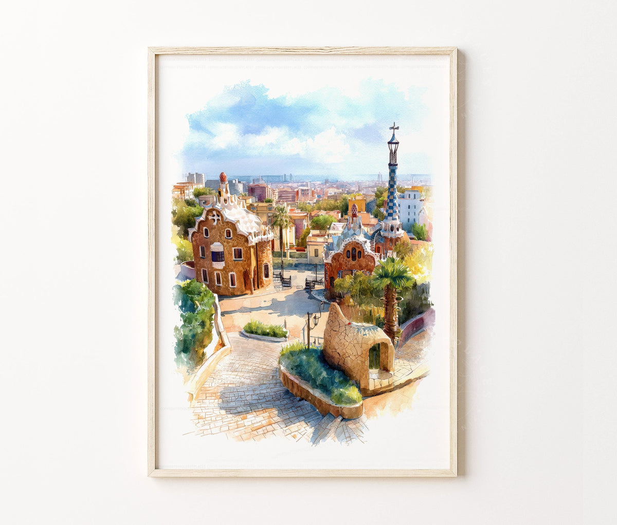 Park Güell Barcelona Travel Poster – Gaudí Architecture Cityscape Wall Art Print