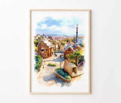 Park Güell Barcelona Travel Poster – Gaudí Architecture Cityscape Wall Art Print