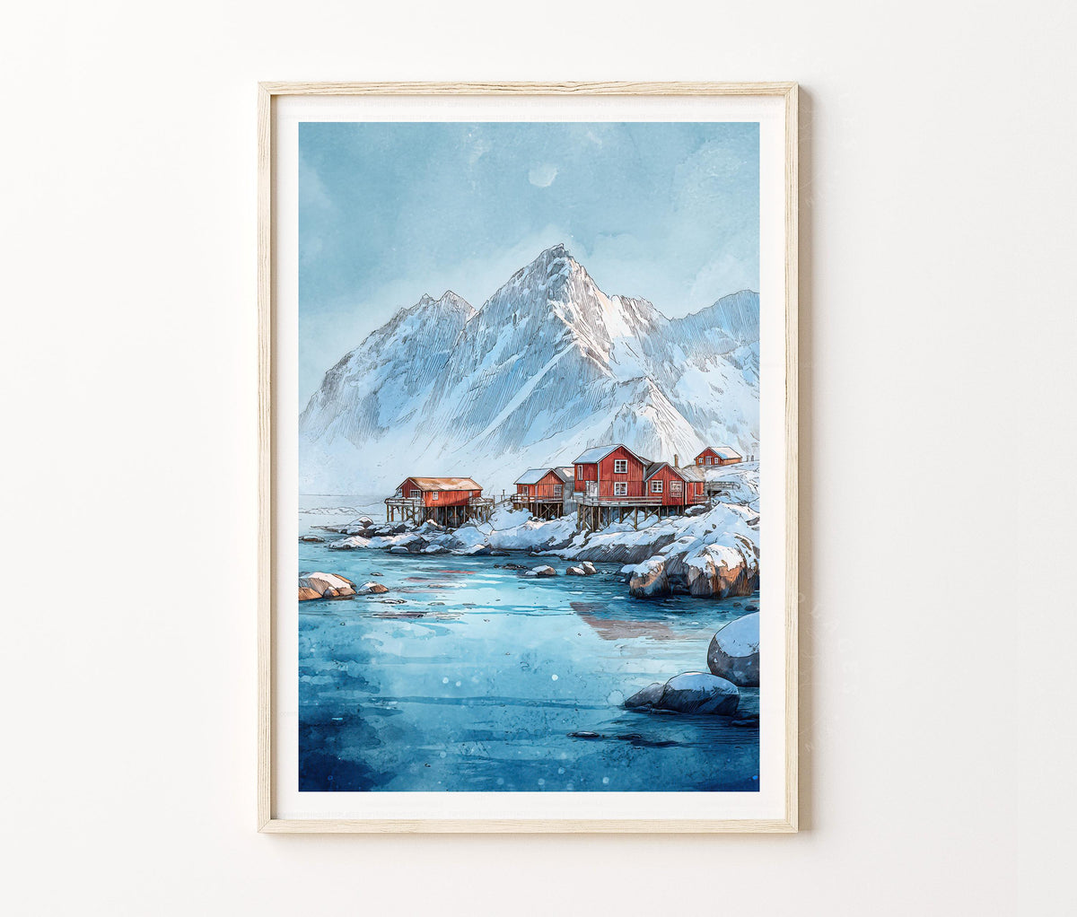 Lofoten Islands Travel Poster – Winter Coastal Village Wall Art Print