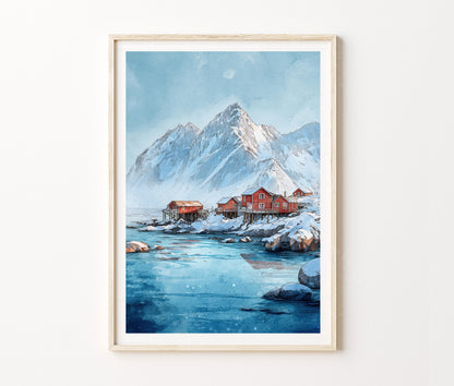 Lofoten Islands Travel Poster – Winter Coastal Village Wall Art Print