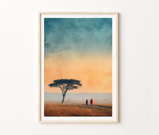 Masai Mara Travel Poster – African Safari Sunset Wall Art Print