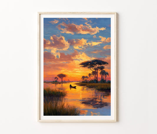 Okavango Delta Travel Poster – African Sunset River Landscape Wall Art Print