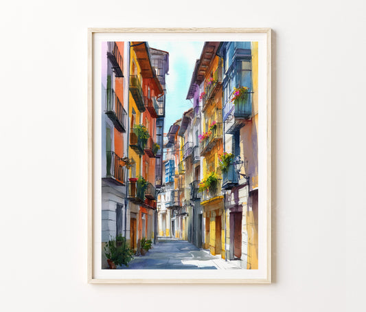 Pamplona Travel Poster – Old Town Street Wall Art Print