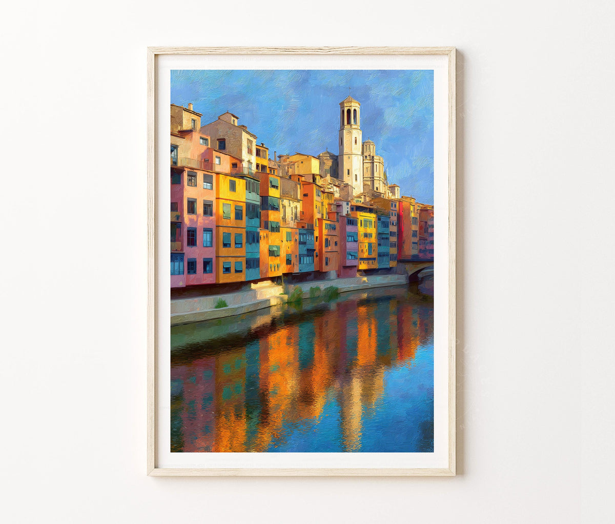 Girona Travel Poster – Colorful Riverside Cityscape Wall Art Print