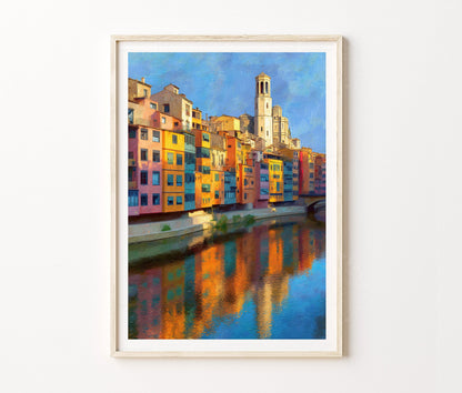 Girona Travel Poster – Colorful Riverside Cityscape Wall Art Print