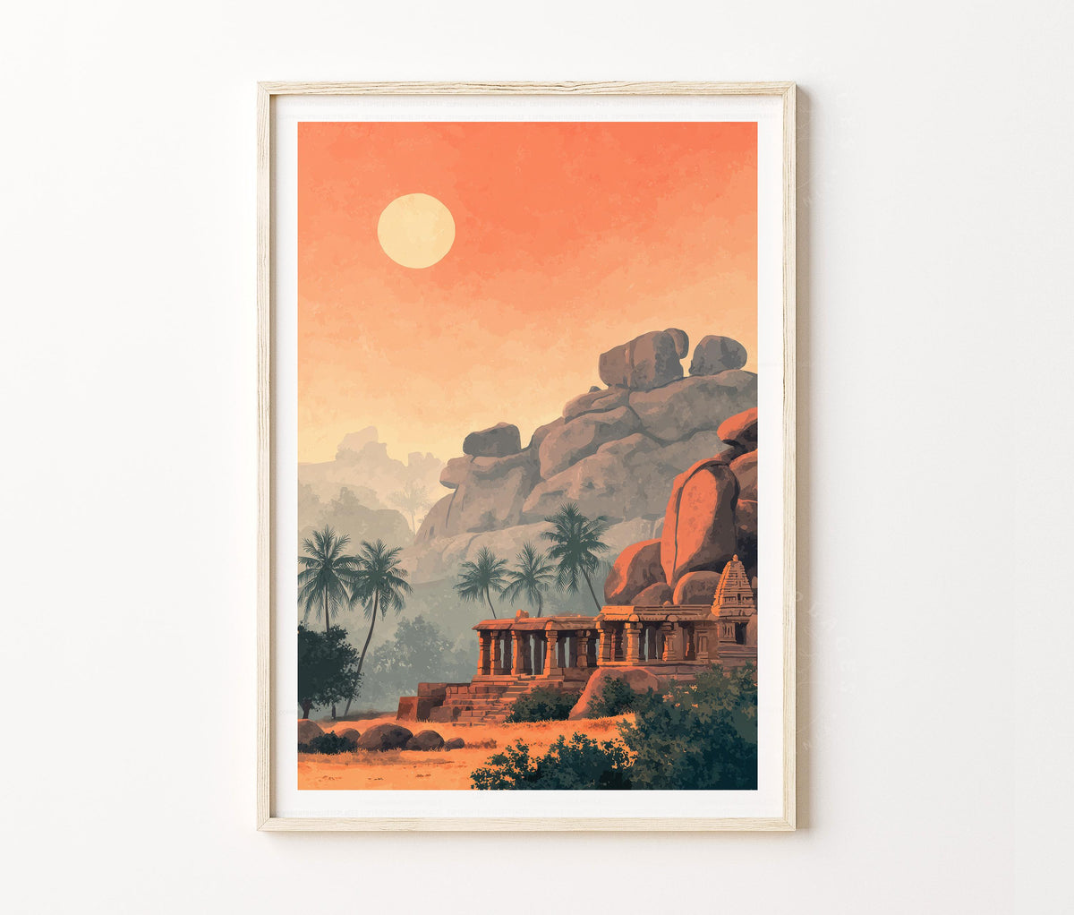 Hampi Travel Poster – Ancient Temple Landscape Sunset Wall Art Print