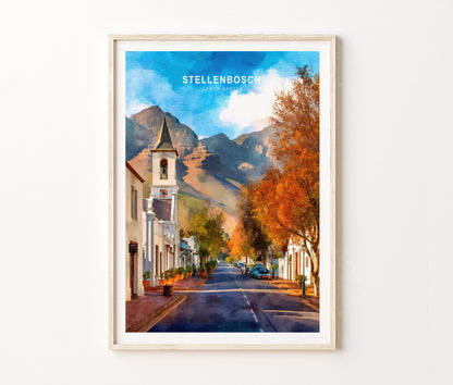 Stellenbosch Travel Poster – Cape Winelands Street Landscape Wall Art Print