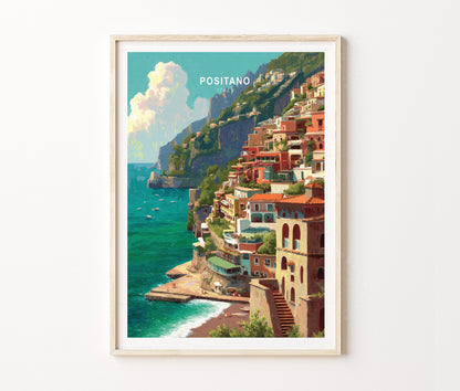 Positano Travel Poster – Amalfi Coast Coastal Wall Art Print