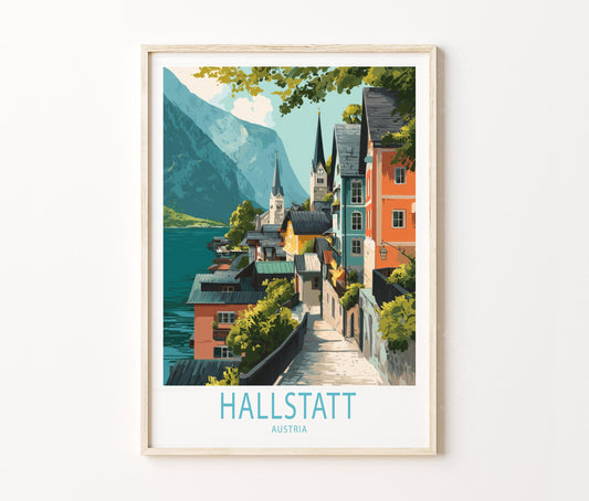 Hallstatt Travel Poster – Alpine Village Wall Art Print