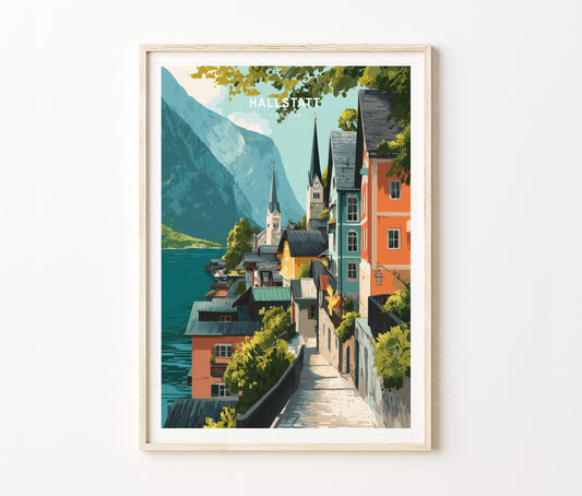 Hallstatt Travel Poster – Minimal Alpine Village Wall Art Print