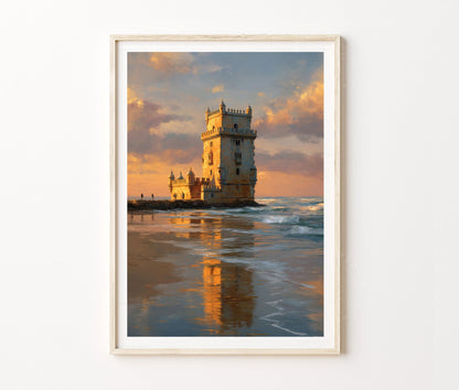 Oeiras Travel Poster – Coastal Tower Sunset Wall Art Print