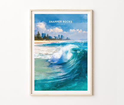 Snapper Rocks Travel Poster – Surf Wave Coastal Wall Art Print