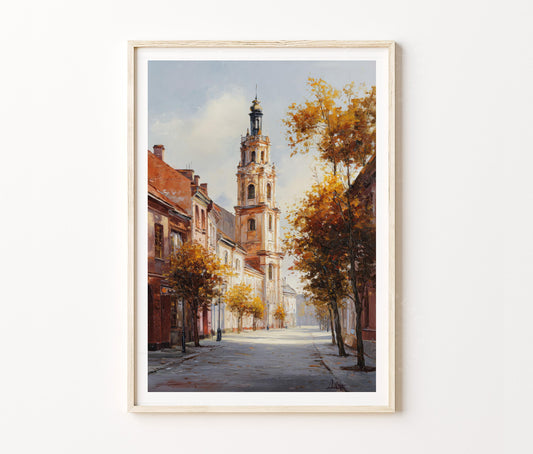 Białystok Travel Poster – Autumn Street Historic City Wall Art Print