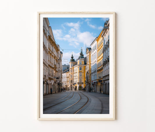 Linz Old Town Travel Poster – Historic Street Tramway City Wall Art Print