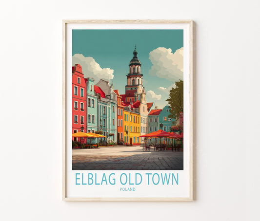 Elbląg Old Town Colorful Streets Travel Poster – Historic Market Square Wall Art Print