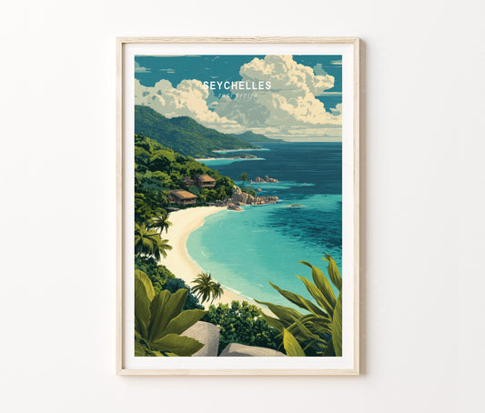 Seychelles East Africa Shores Travel Poster – Tropical Island Retreat Wall Art Print