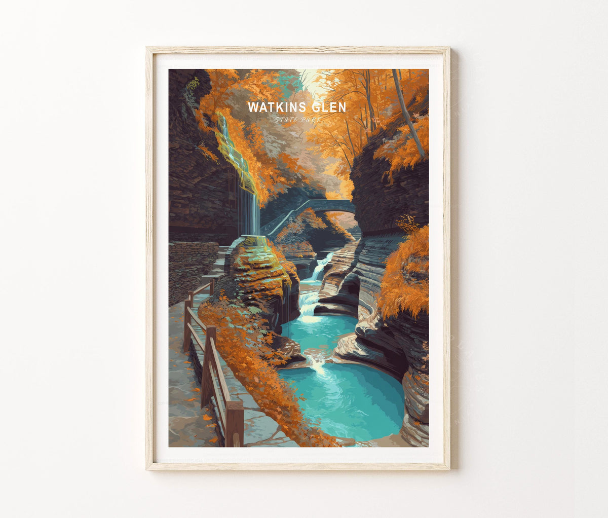 New York Nature Escape Travel Poster – Watkins Glen Gorge Walk Wall Art Print