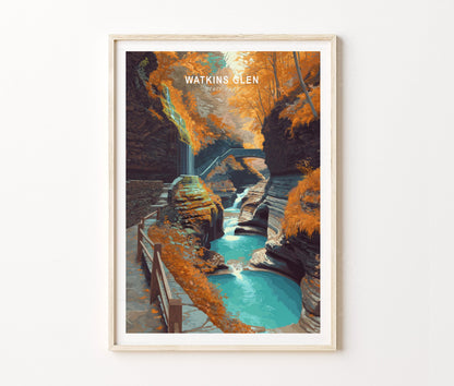 New York Nature Escape Travel Poster – Watkins Glen Gorge Walk Wall Art Print